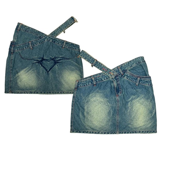 Masha Popova $365 asymmetric jade jeans cut out heart skirt